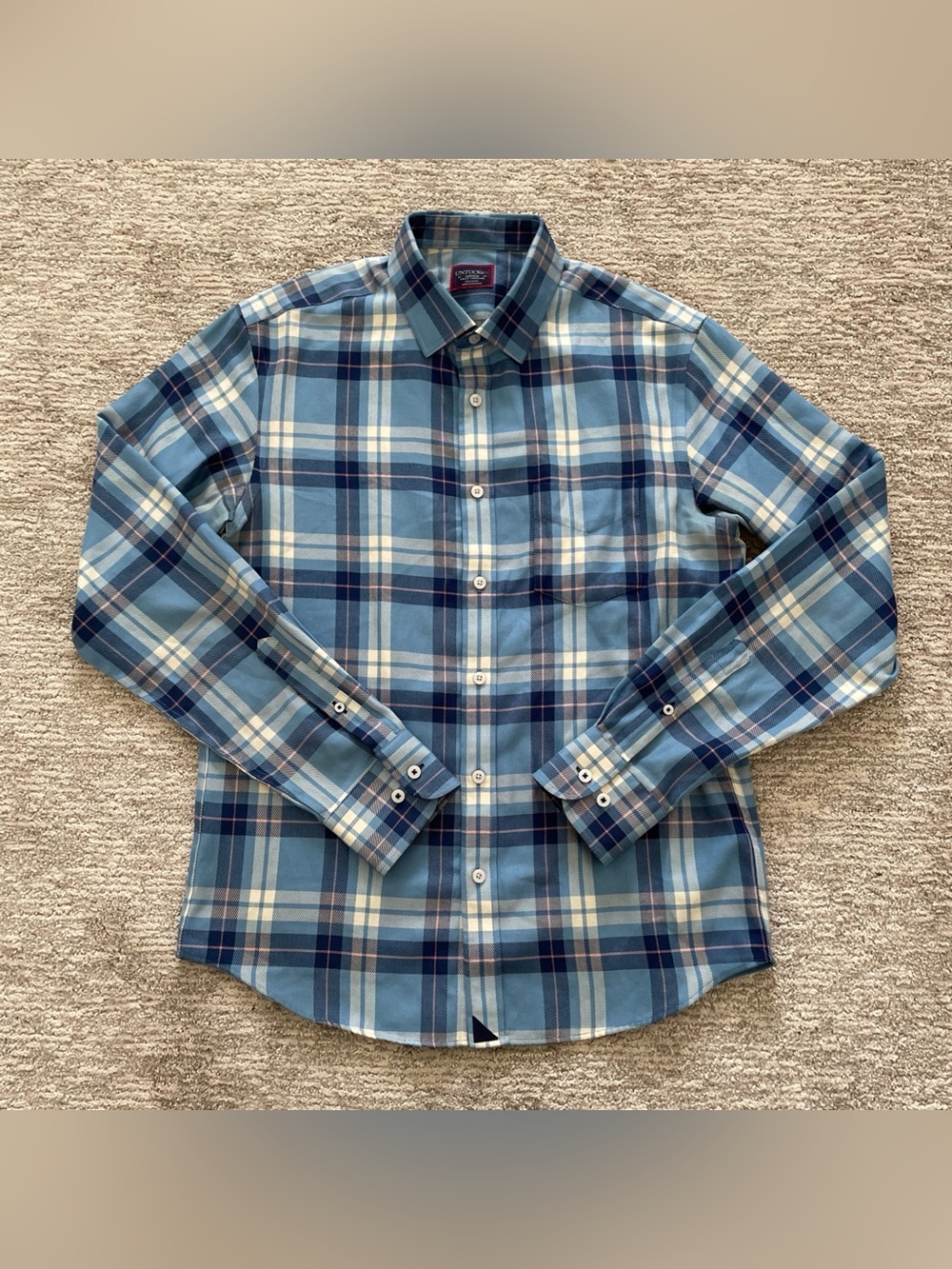 UNTUCKit Arrowood WF Blue Plaid Wrinkle Free Cotton Button Up Shirt Mens Medium
